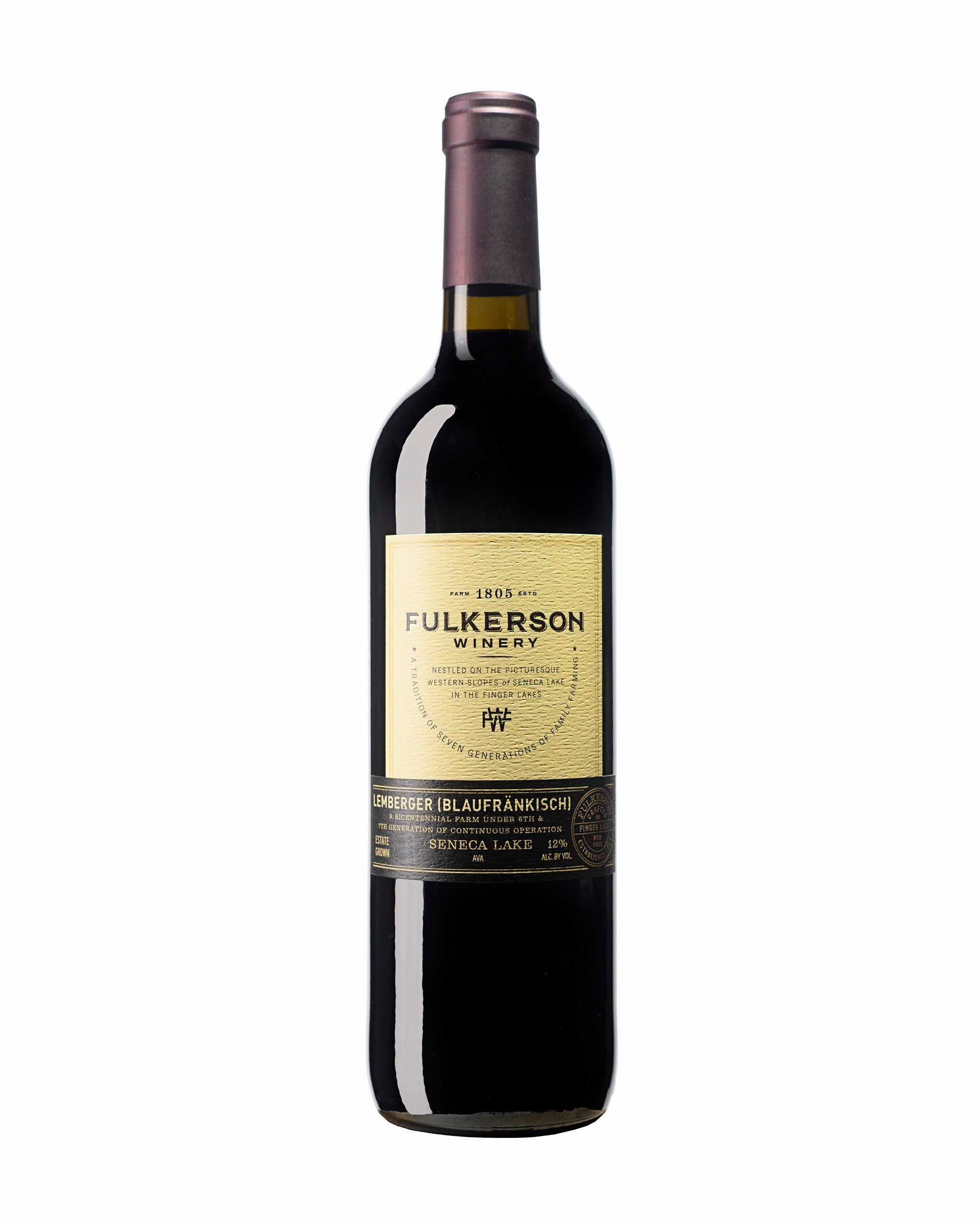 Wine bottle with Fulkerson Winery and farm Lemberger wine label on a white background