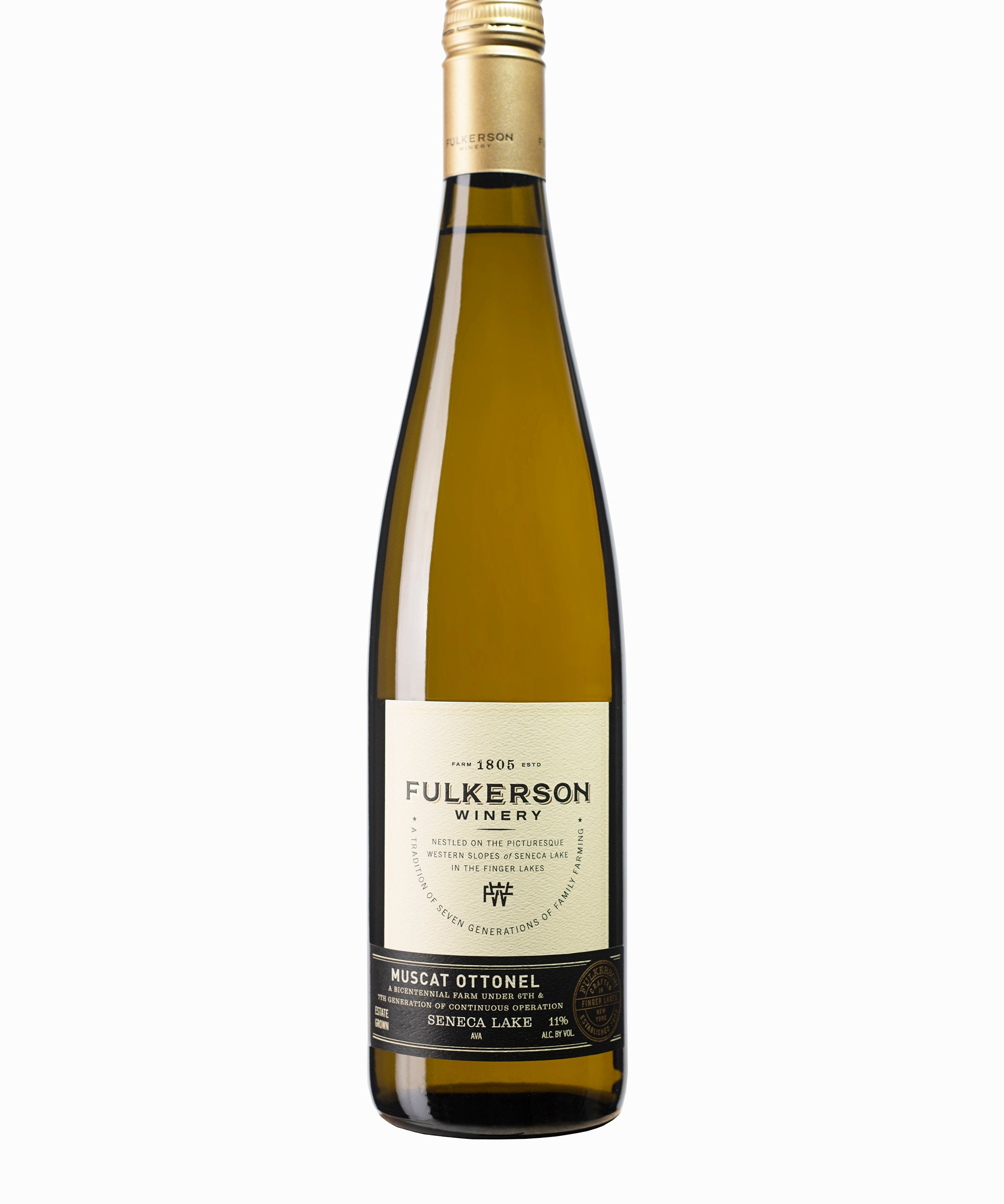 Brown wine bottle of Fulkerson Winery and farm muscat ottonel on a white background 