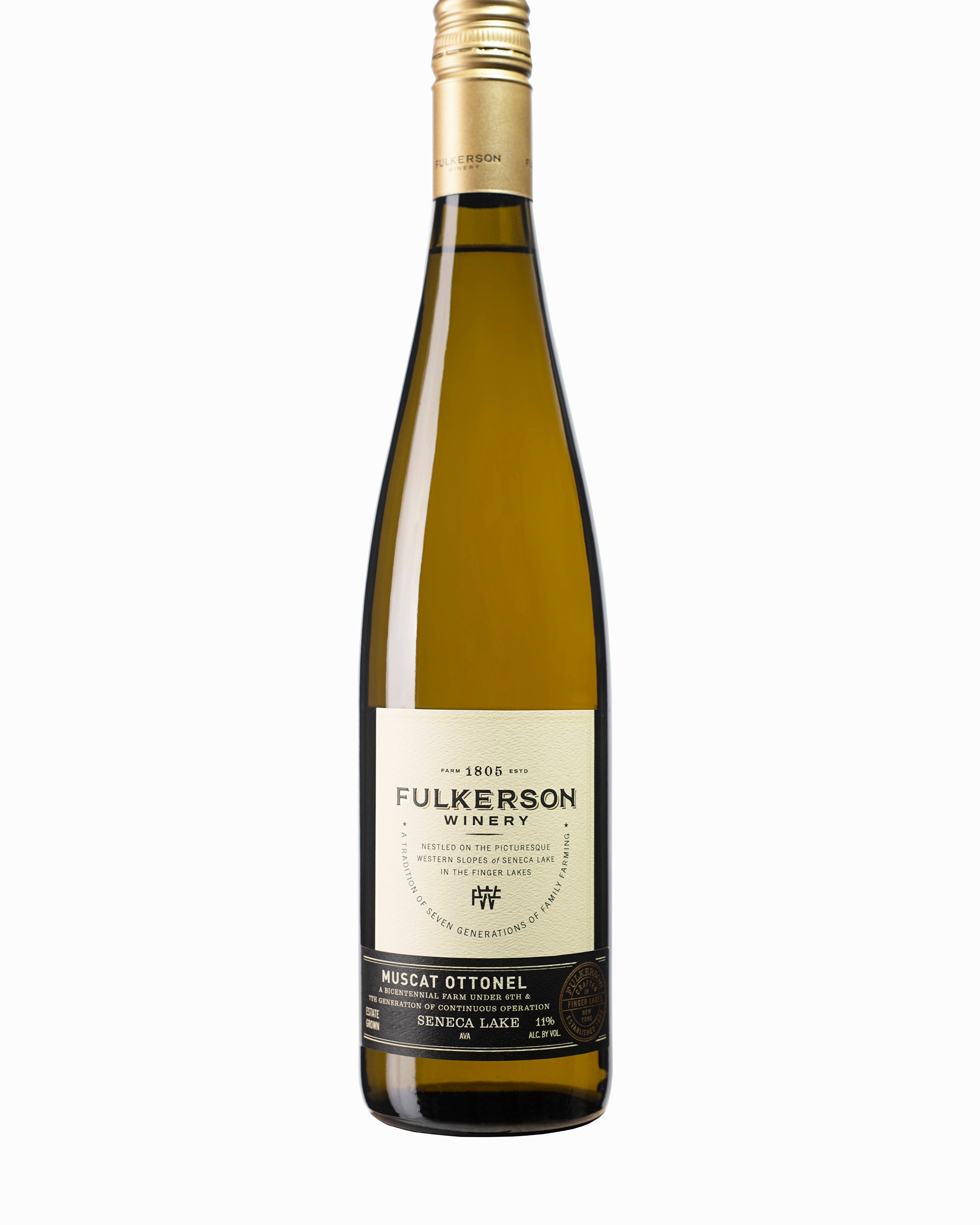 Brown wine bottle of Fulkerson Winery and farm muscat ottonel on a white background 