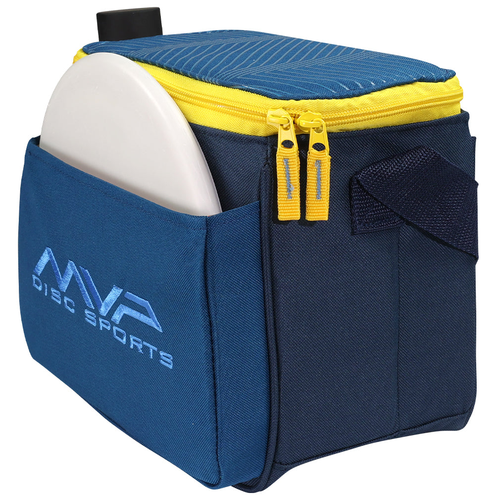Blue and yellow disc golf bag with a disc inside on a white background