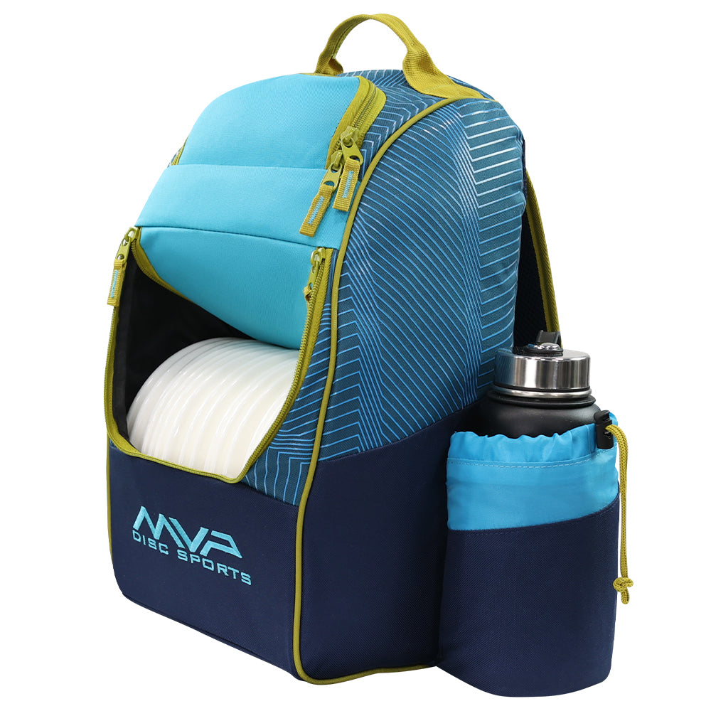 Blue and navy backpack with disc golf discs and water bottle holder on a white background