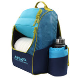 Blue and navy backpack with disc golf discs and water bottle holder on a white background
