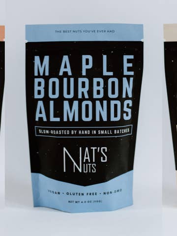 Packaging of Maple Bourbon Almonds from Nat's Nuts on a light gray background