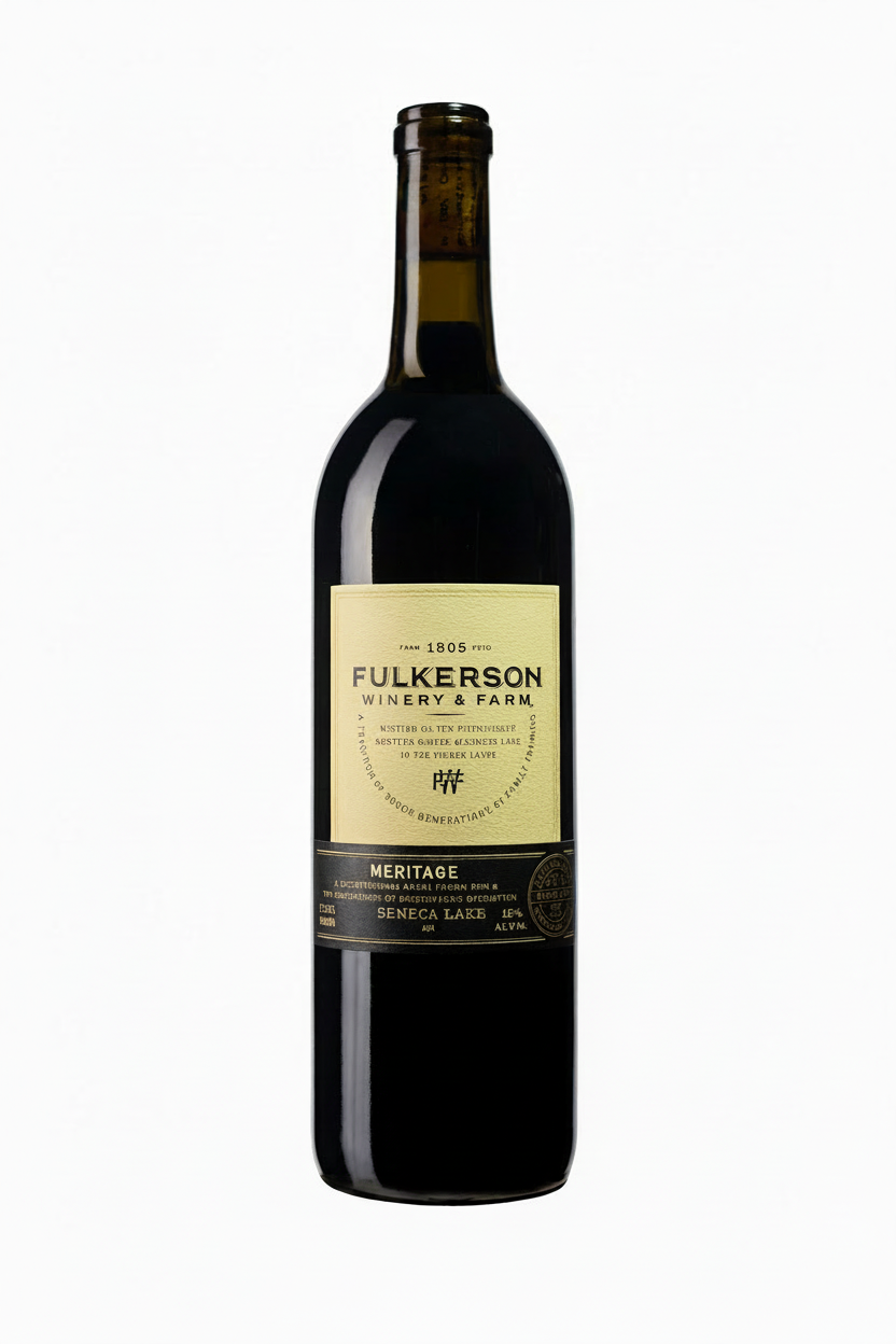 bottle of Fulkerson Meritage wine with cream and black label on a white background