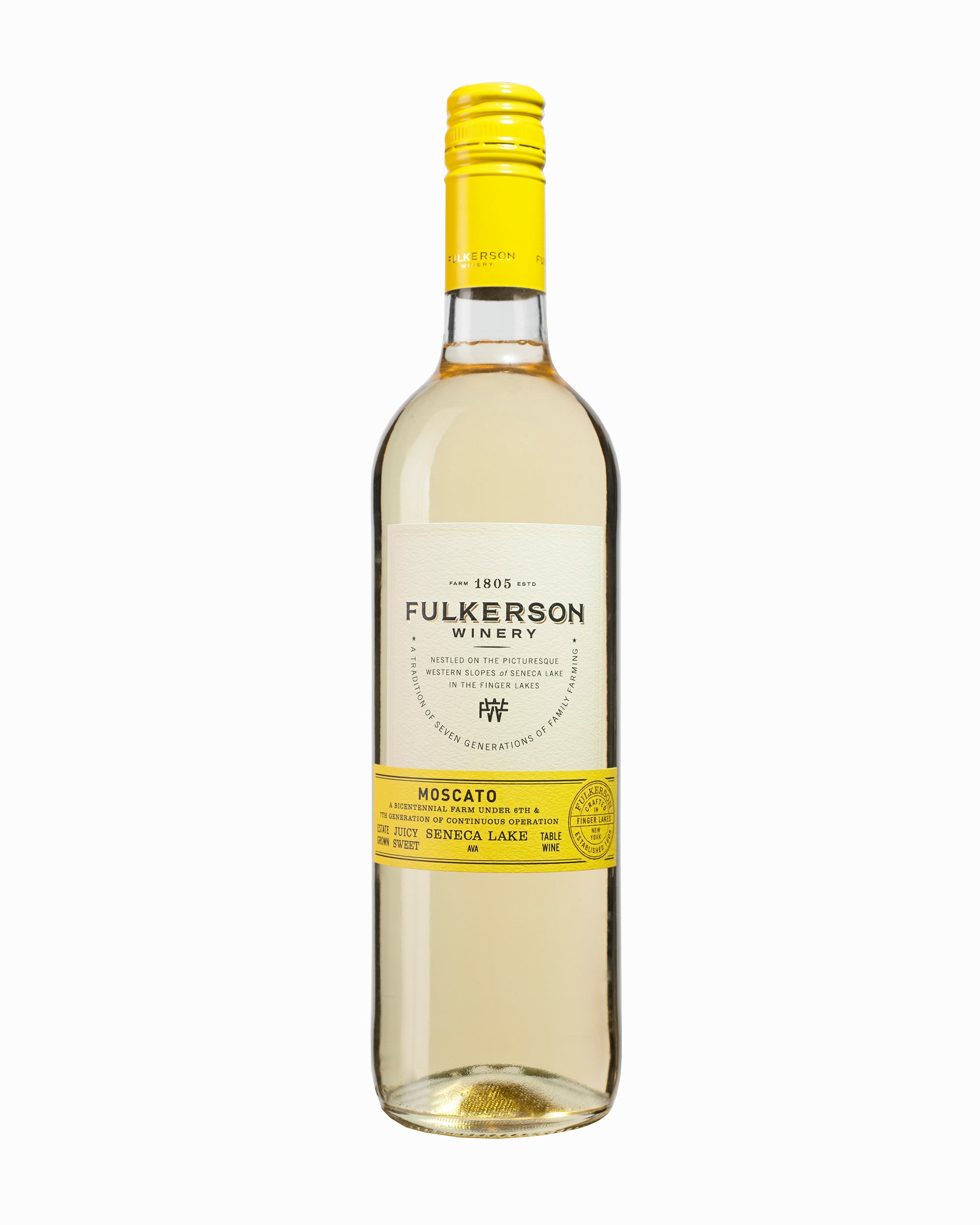 Fulkerson Winery Moscato wine bottle with yellow label on a white background