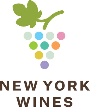 Logo of New York Wines with colorful grapes and a green leaf on a white background