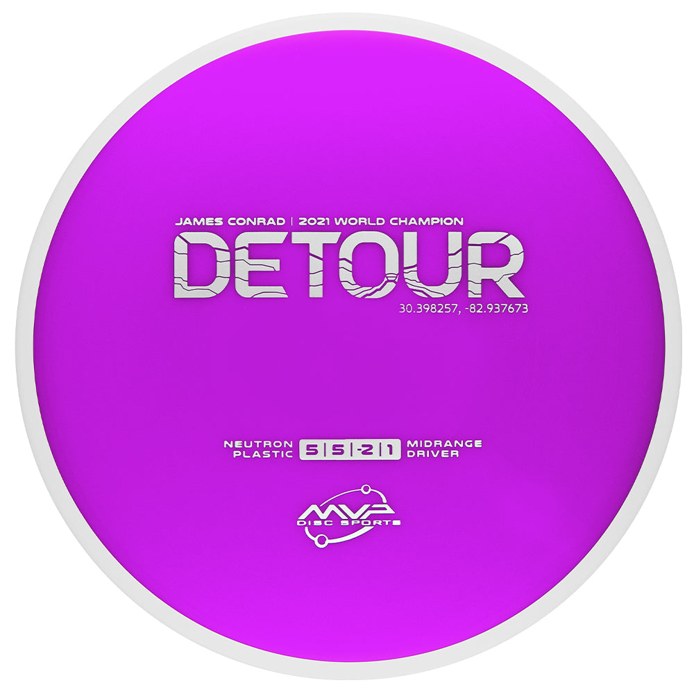 Purple disc golf midrange with 'Detour' branding on a white background
