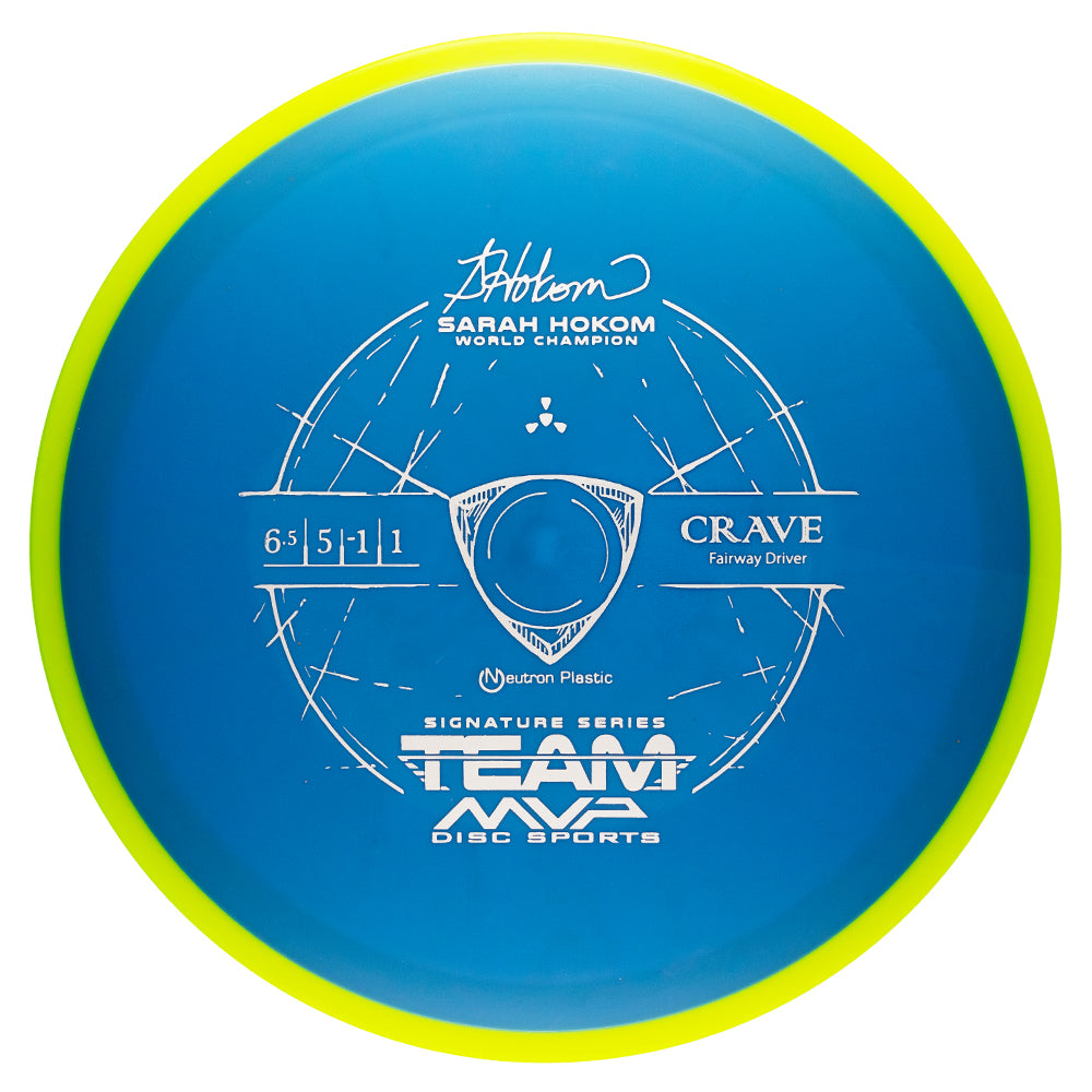 Blue disc golf disc with green rim and branding on a white background