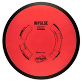 Red disc golf disc with black "impulse" text and branding on a white background