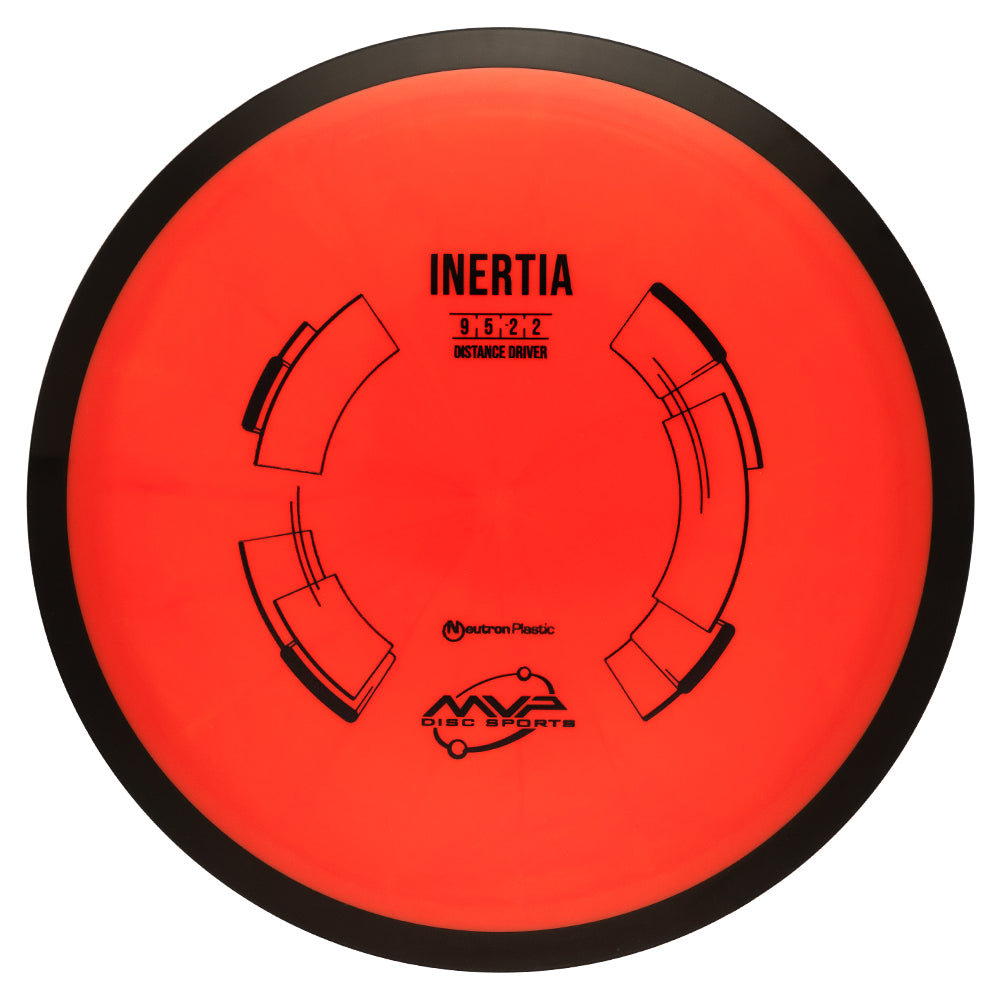 Red disc golf disc with black "inertia" text and branding on a white background