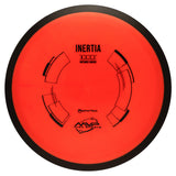 Red disc golf disc with black "inertia" text and branding on a white background
