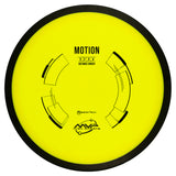 Yellow disc golf disc with black text and branding on a white background