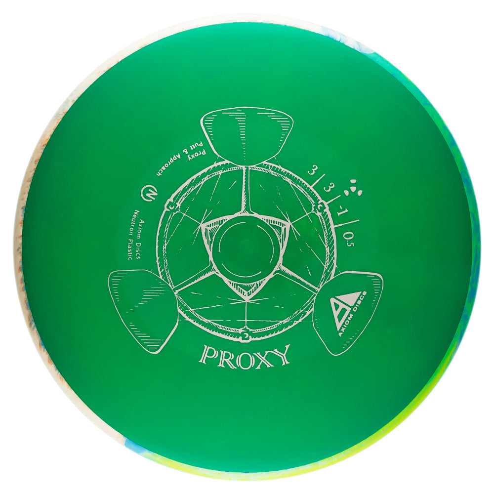 Green disc with white design and text on a white background