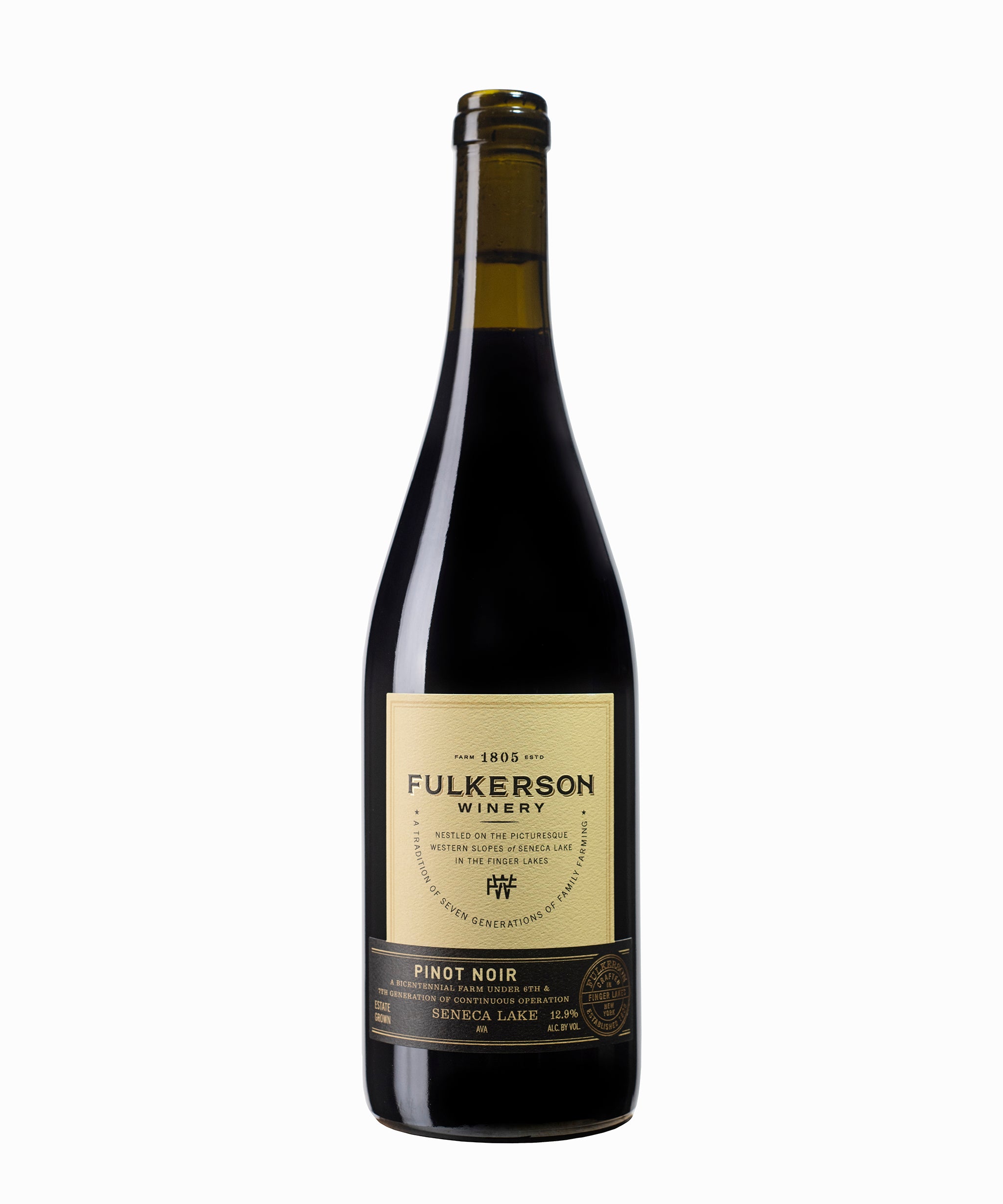 Wine bottle with Fulkerson label on a white background