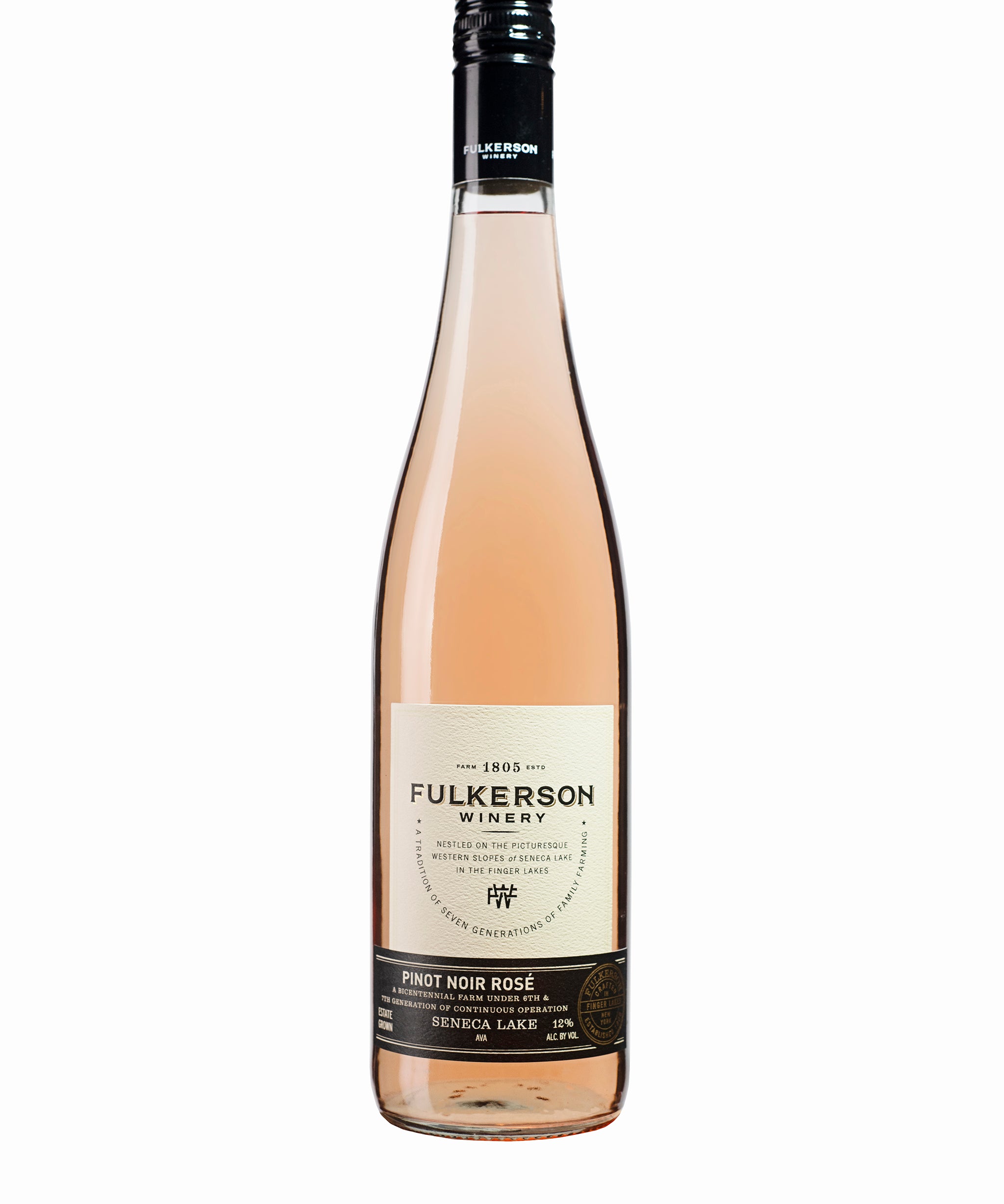 Bottle of Fulkerson Winery Pinot Noir Rosé on a white background