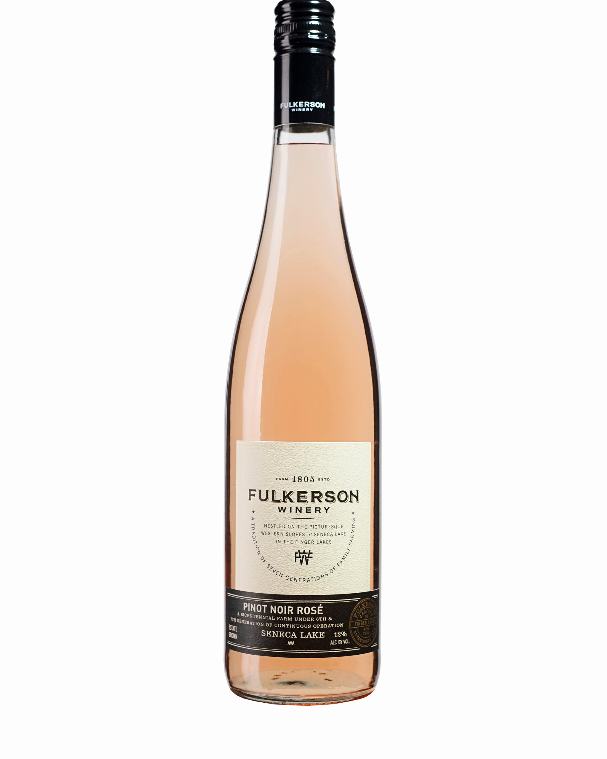 Bottle of Fulkerson Winery Pinot Noir Rosé on a white background