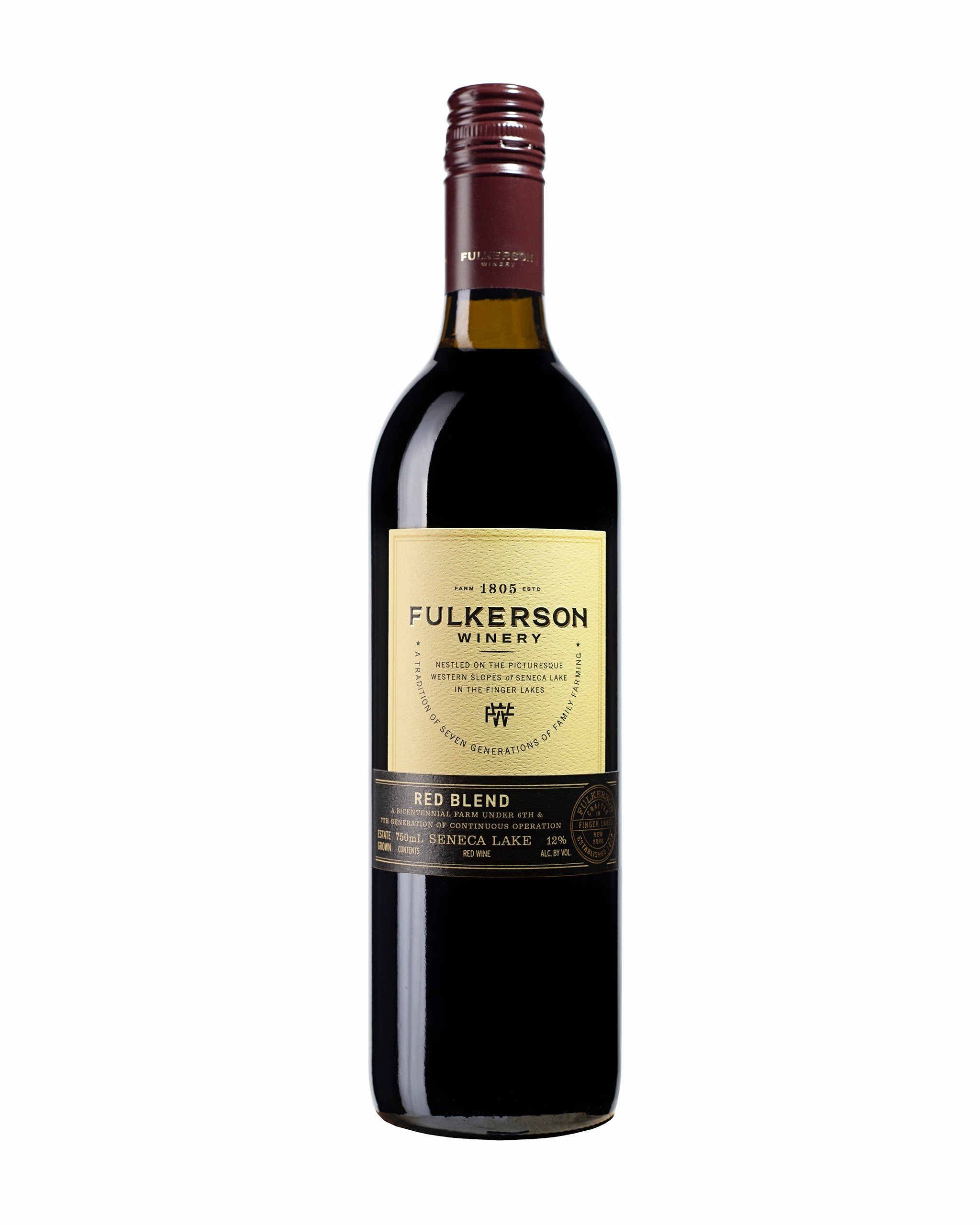 Wine bottle with 'Fulkerson Winery' label on a white background