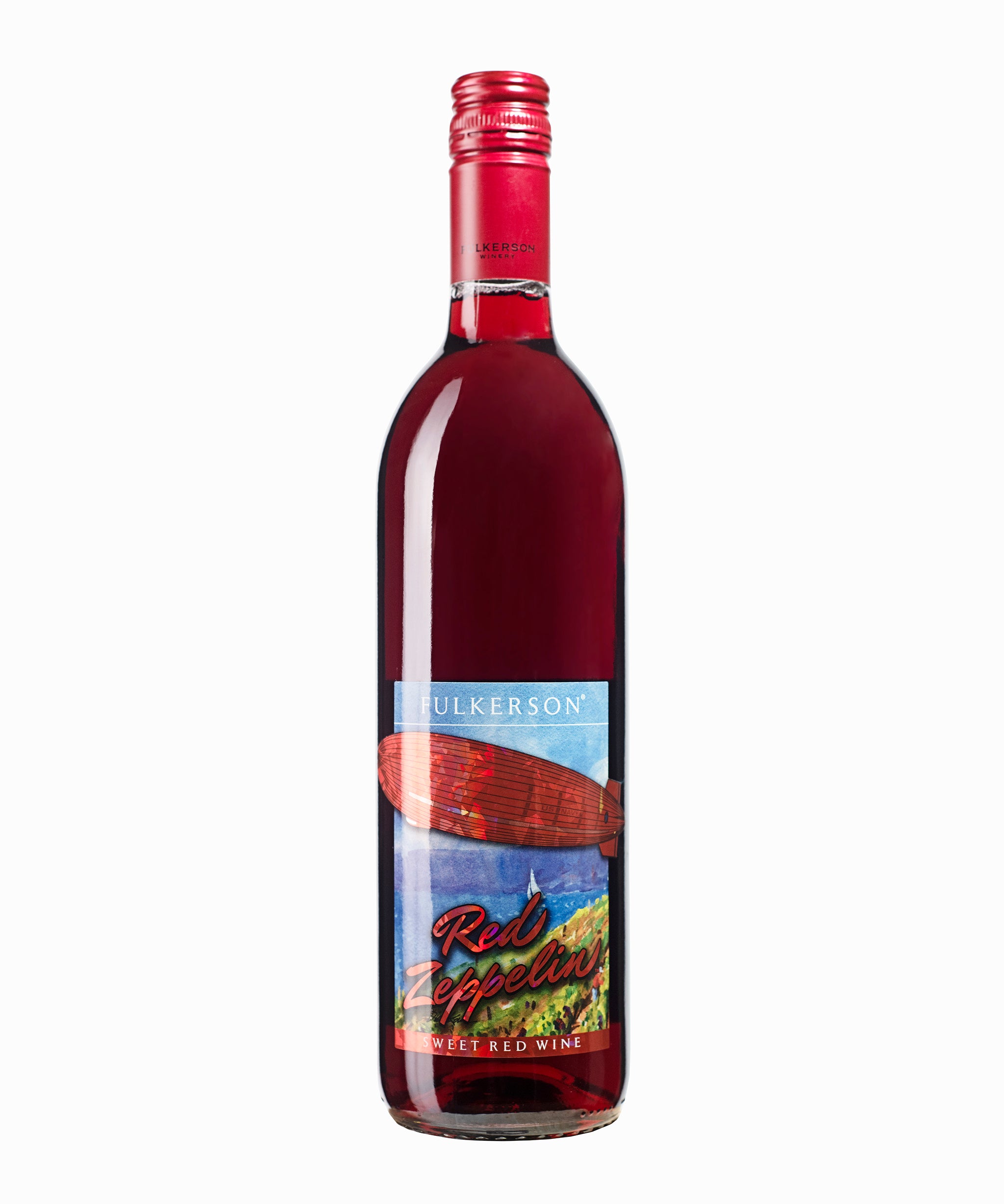Bottle of Red Zepfel wine with a scenic label on a white background