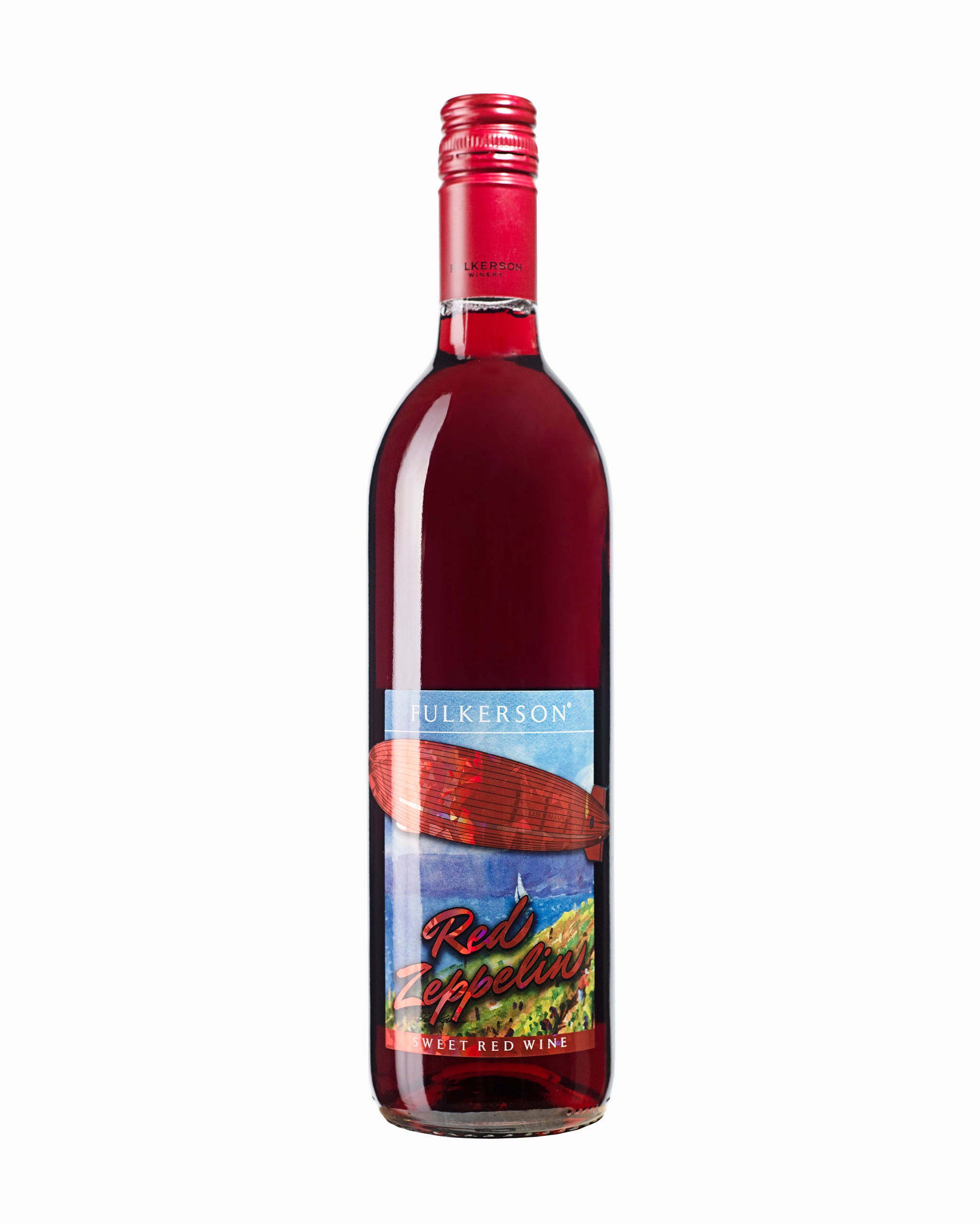 Bottle of Red Zepfel wine with a scenic label on a white background