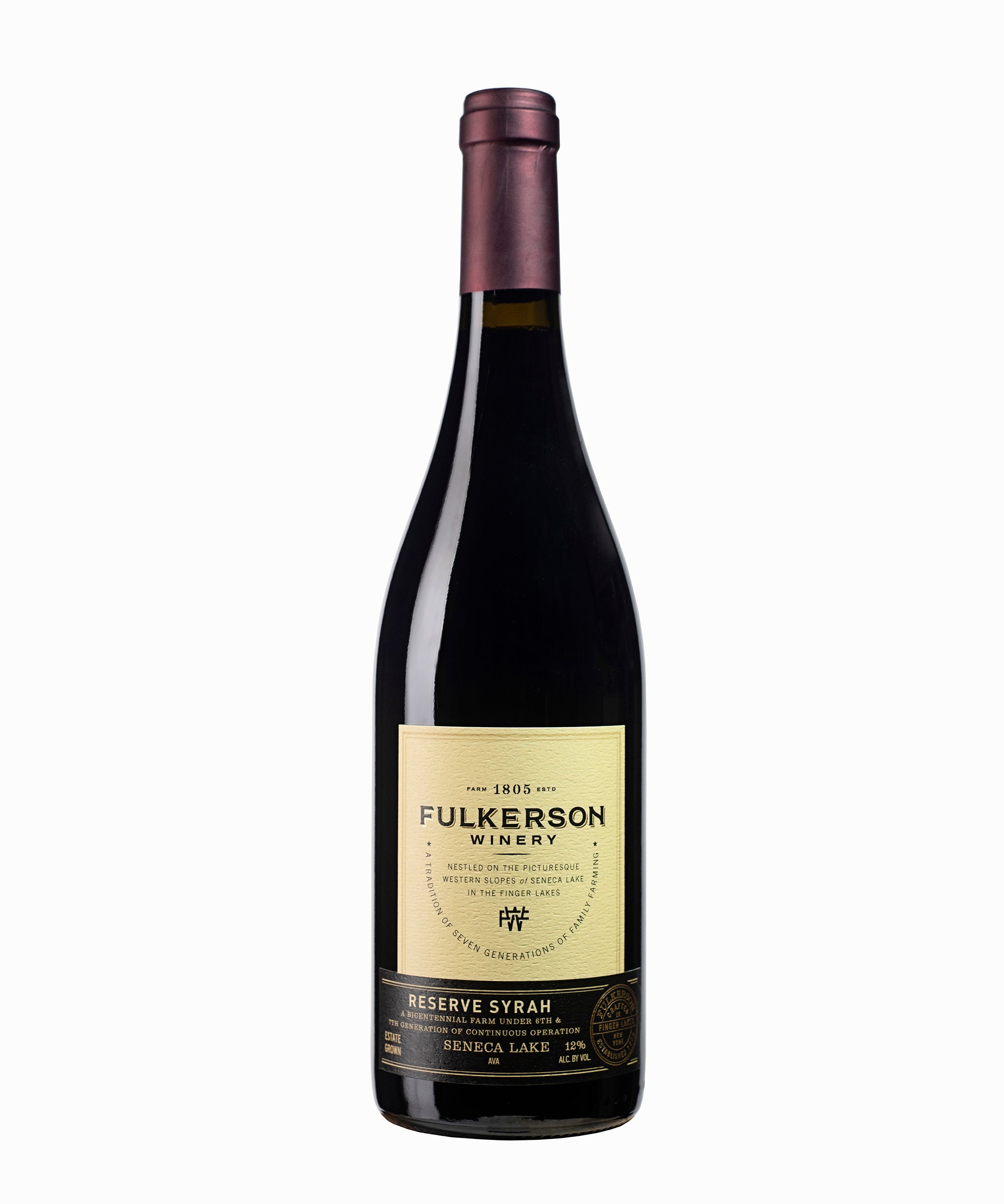 Wine bottle with 'Fulkerson' reserve Syrah label on a white background