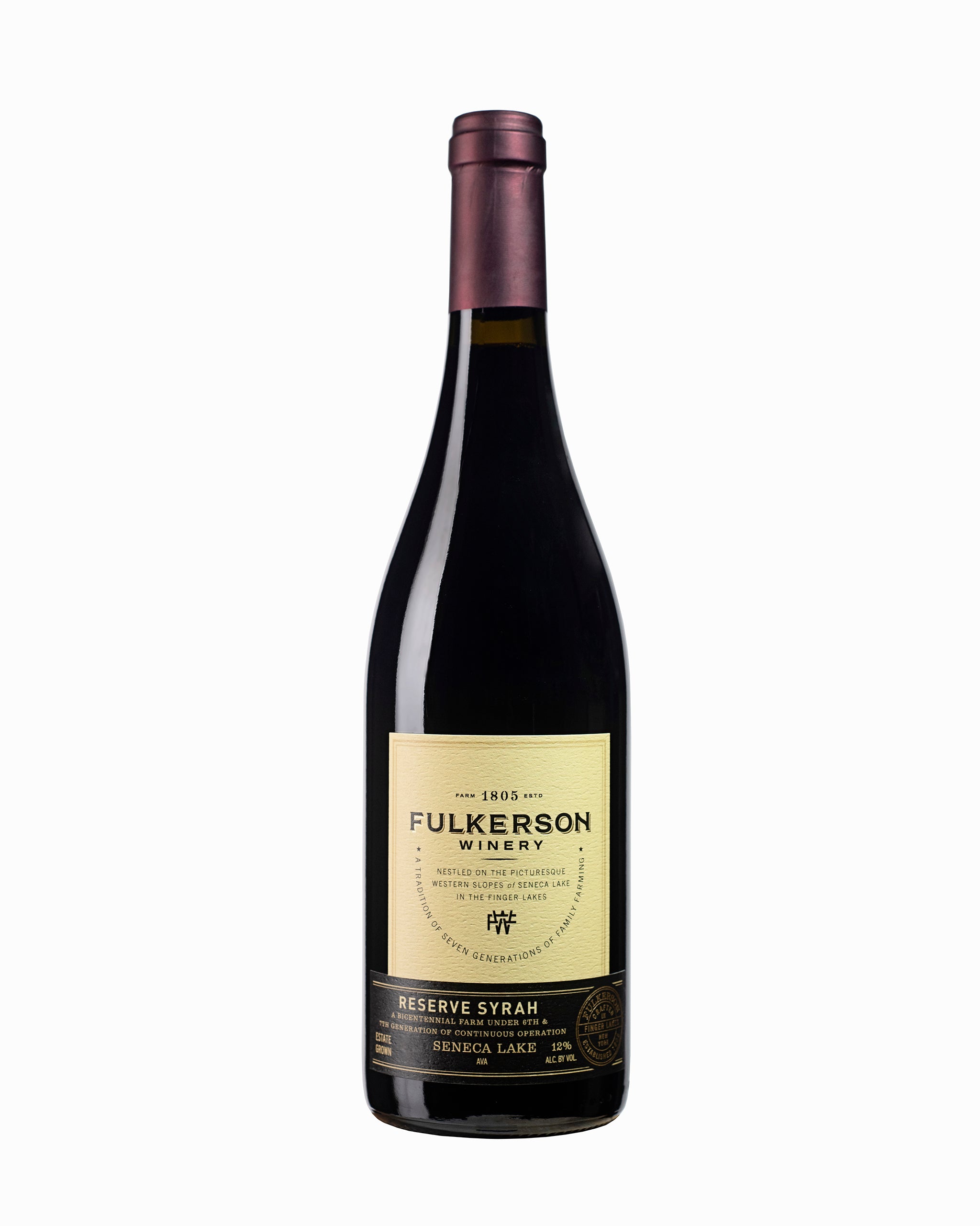 Wine bottle with 'Fulkerson' reserve Syrah label on a white background