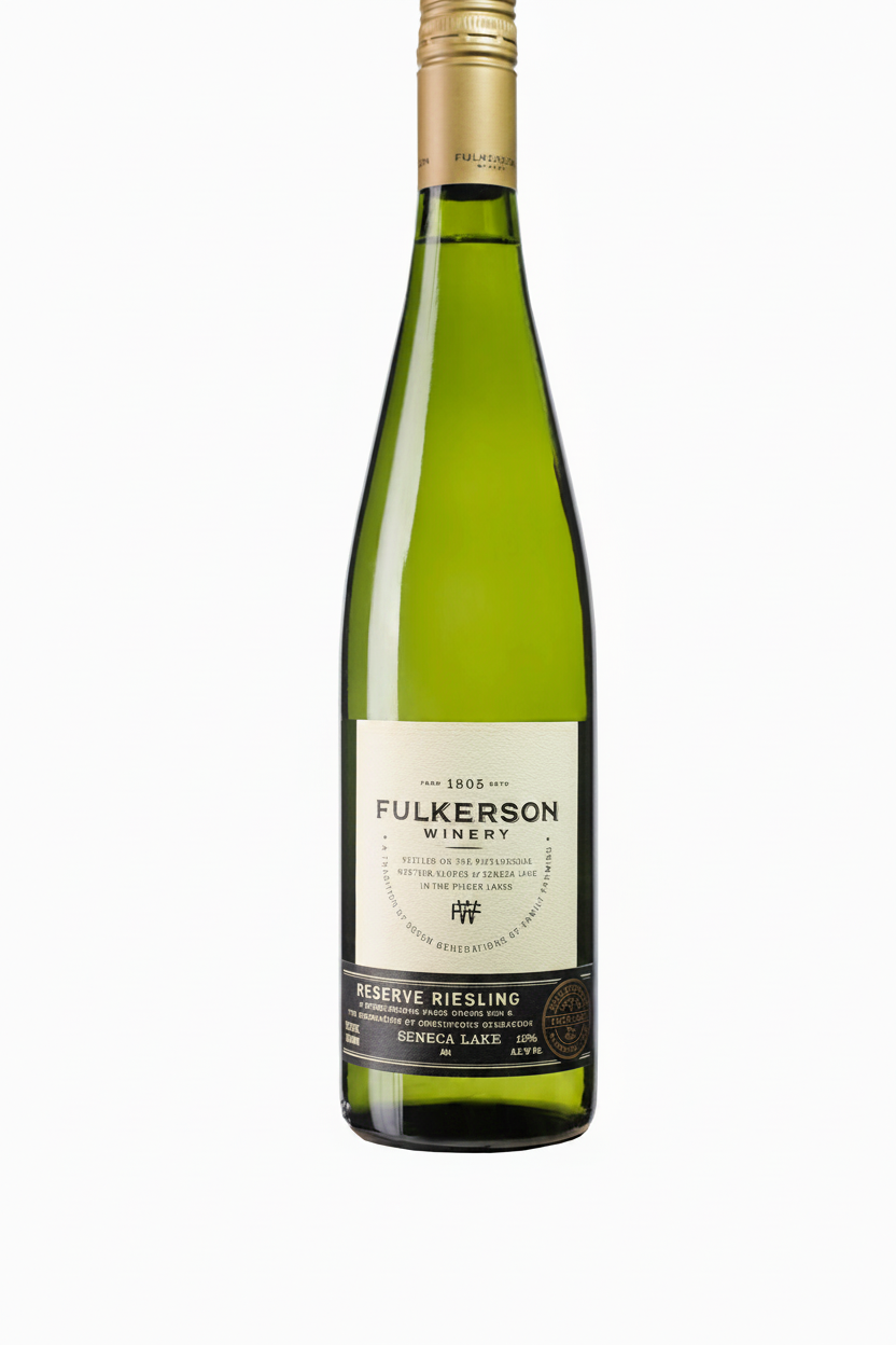 Bottle of Fulkerson Reserve Riesling. Green bottle with gold cap and fulkerson label on a white background.