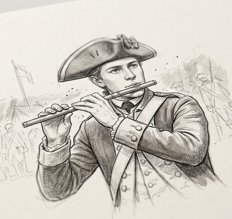 Illustration of a man in historical attire playing a flute with a battlefield background.