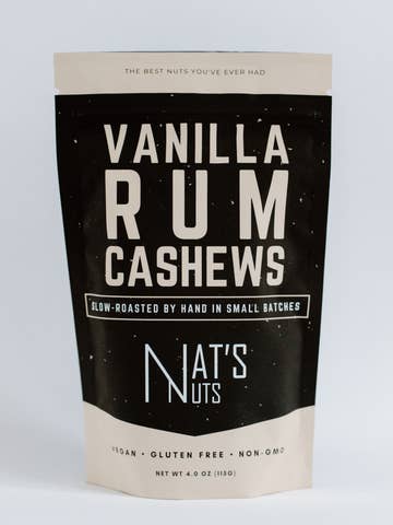 Package of Vanilla Rum Cashews by Nat's Nuts on a light gray background