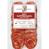 cured meats in a package with red and white label branding on a white background