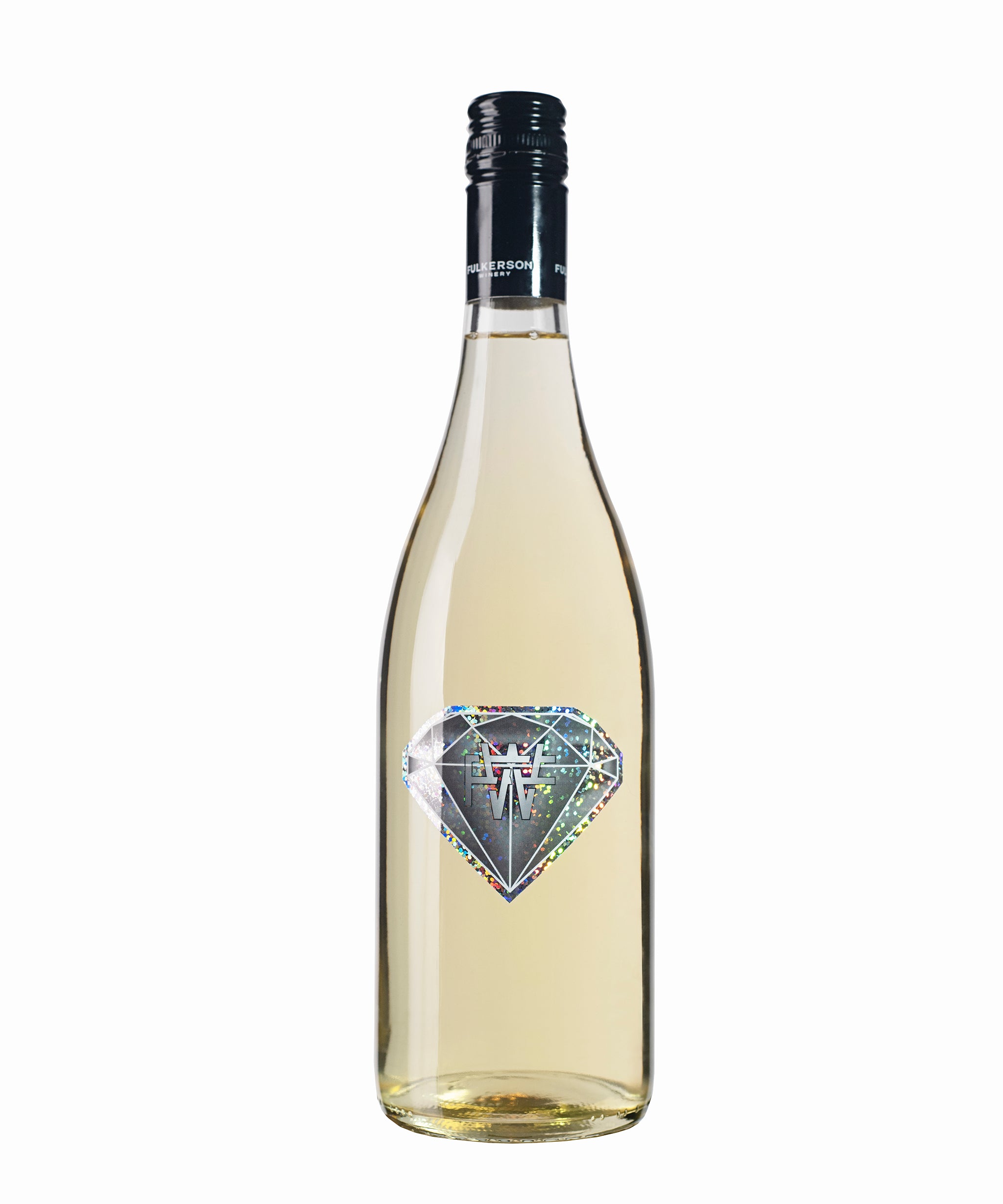 Wine bottle with a diamond-shaped label on a white background