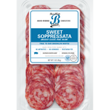 Cured meats with a blue and white label on a clear background