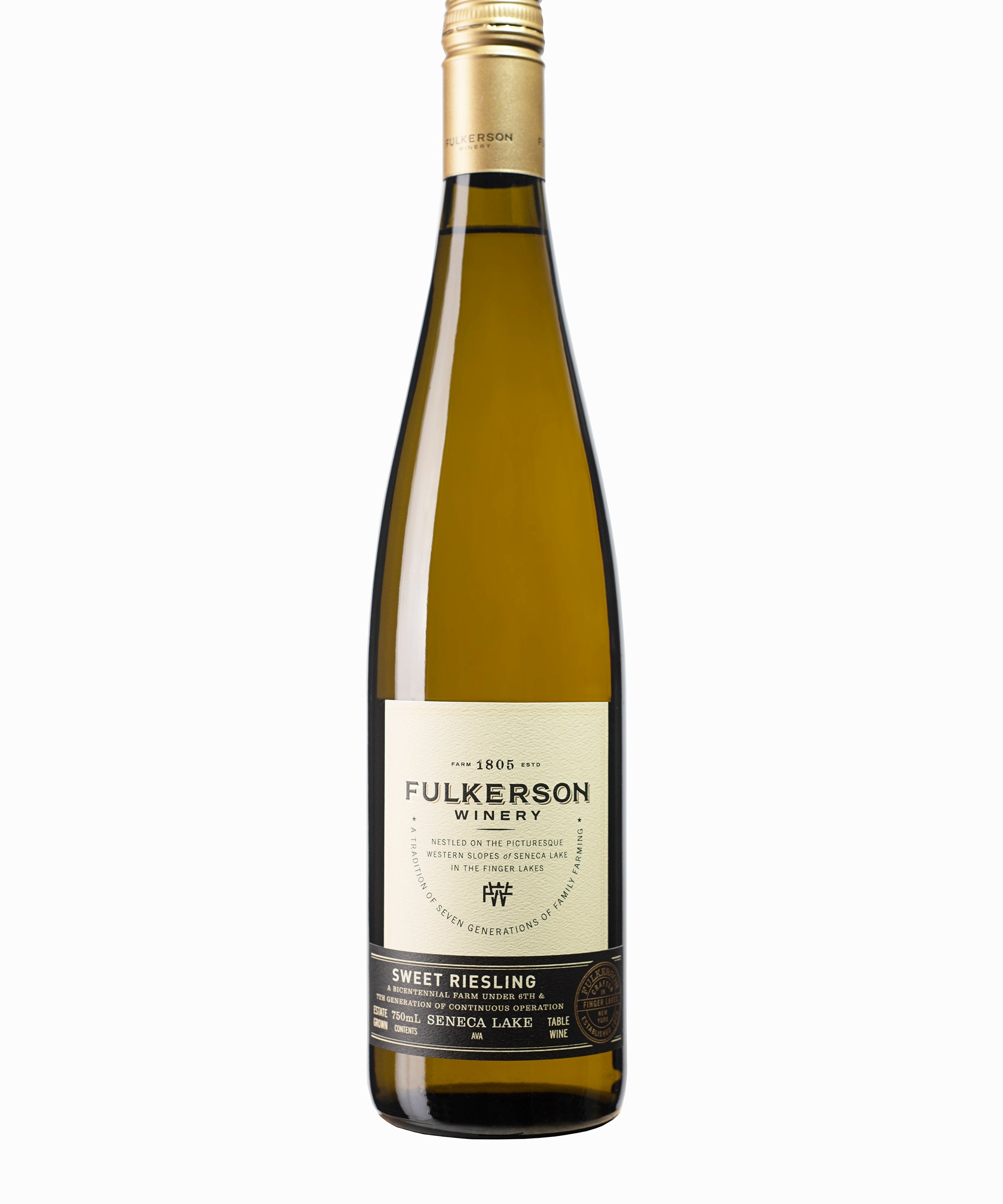 Fulkerson Winery bottle of sweet riesling on a white background