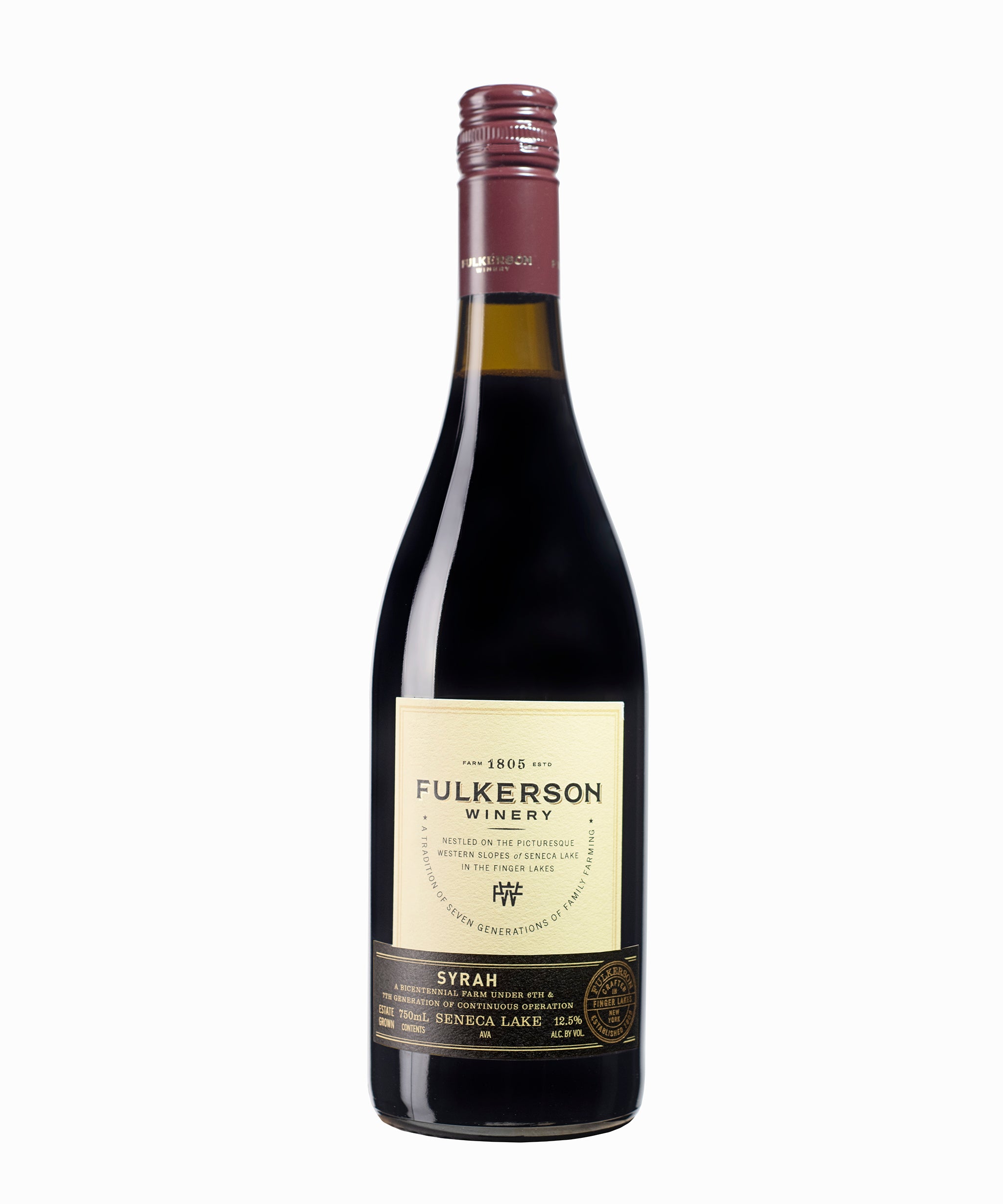 Wine bottle with Syrah Fulkerson Winery label on a white background