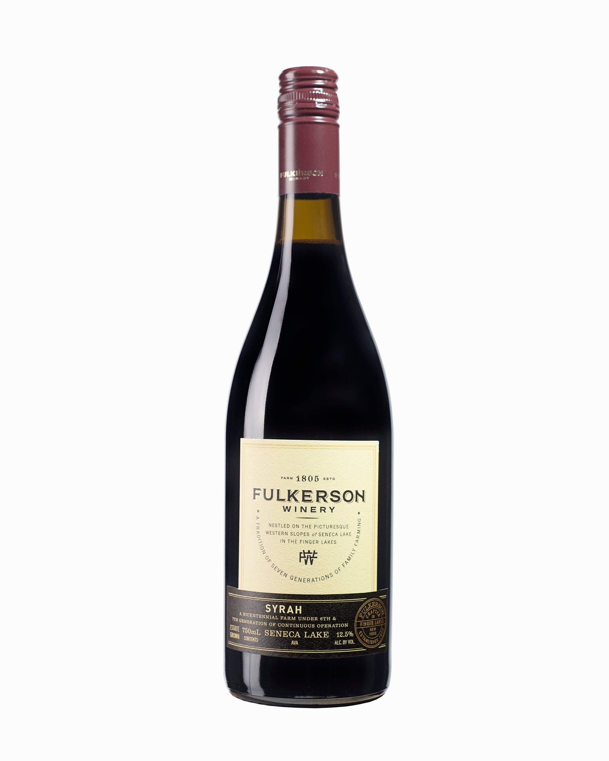 Wine bottle with Syrah Fulkerson Winery label on a white background