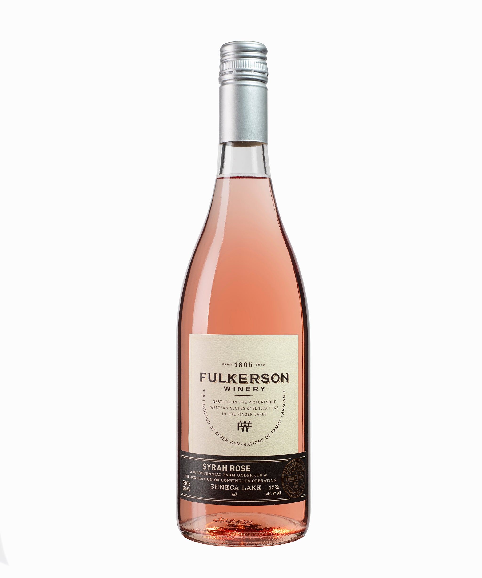 Fulkerson Wines Syrah Rose bottle on a white background