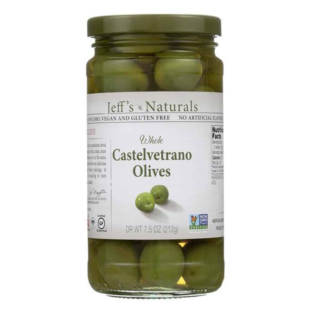 Jar of Jeff's Naturals Castelvetrano Olives on a white background