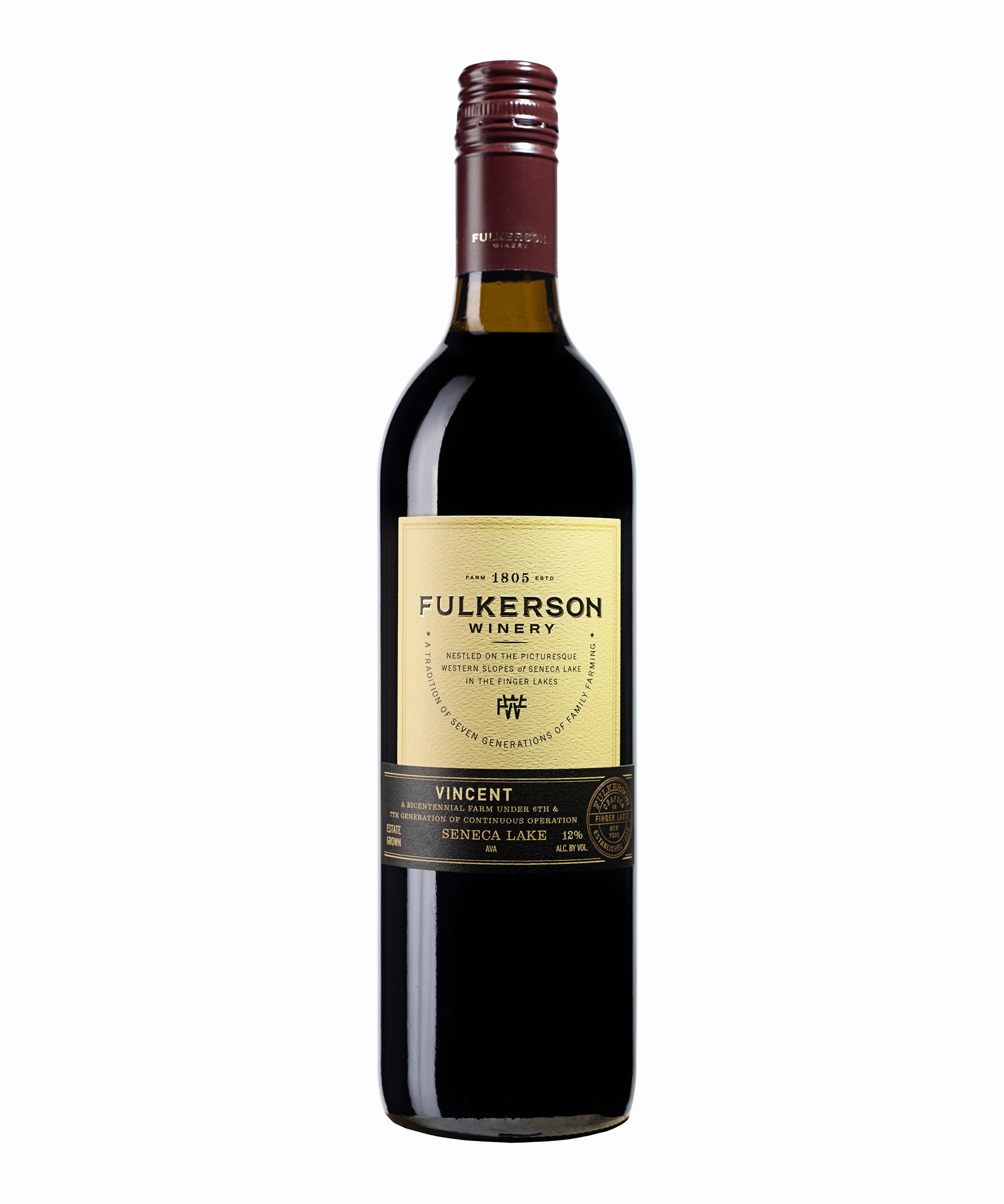 Wine bottle with 'Fulkerson Winery' label on a white background