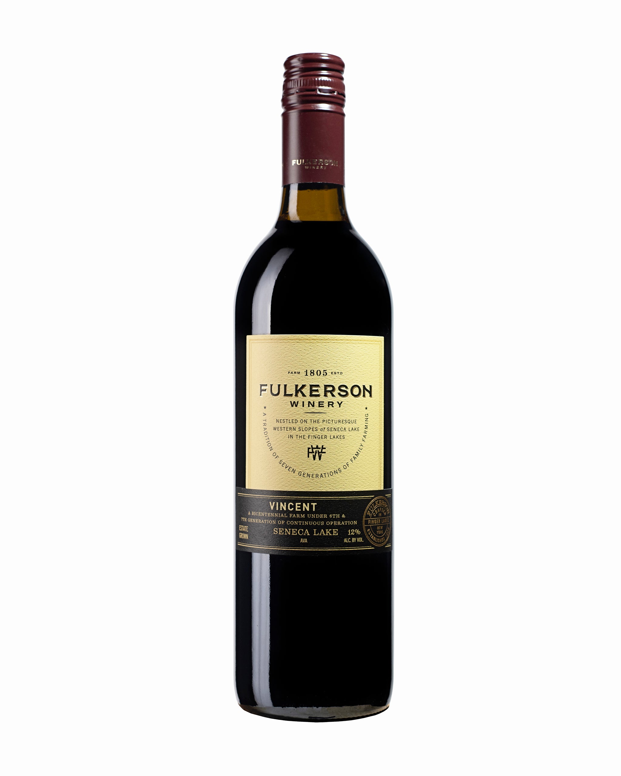 Wine bottle with 'Fulkerson Winery' label on a white background