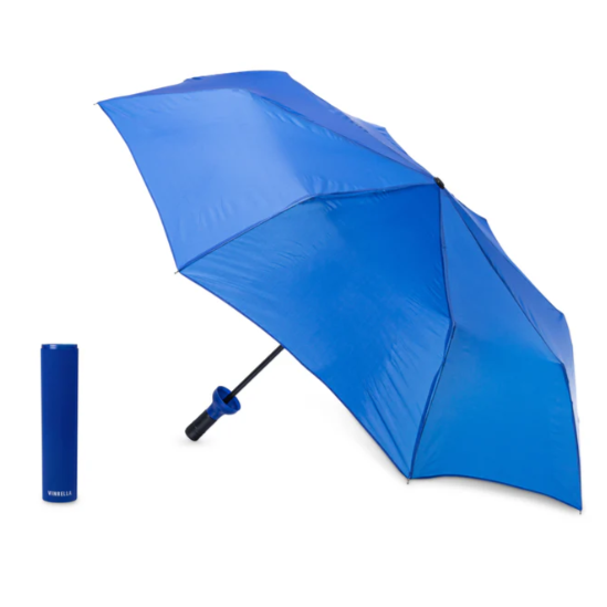 Blue umbrella and case on a white background