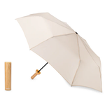 Beige umbrella with wooden look handle on a white background