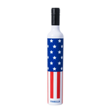 Wine bottle with American flag design on a white background