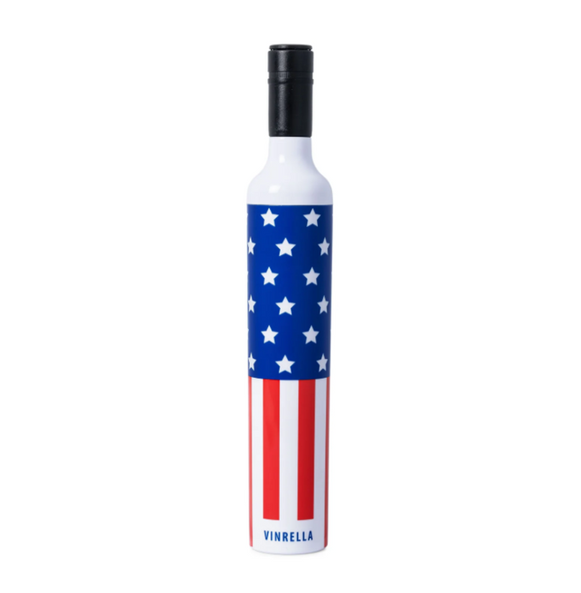 Wine bottle with American flag design on a white background