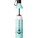Turquoise umbrella with anchor design and carabiner on a white background