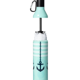 Turquoise umbrella with anchor design and carabiner on a white background