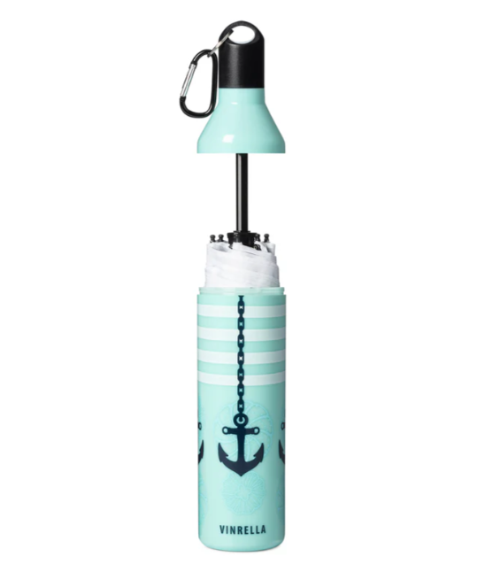 Turquoise umbrella with anchor design and carabiner on a white background