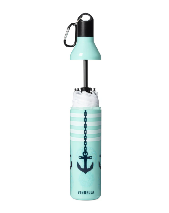 Turquoise umbrella with anchor design and carabiner on a white background