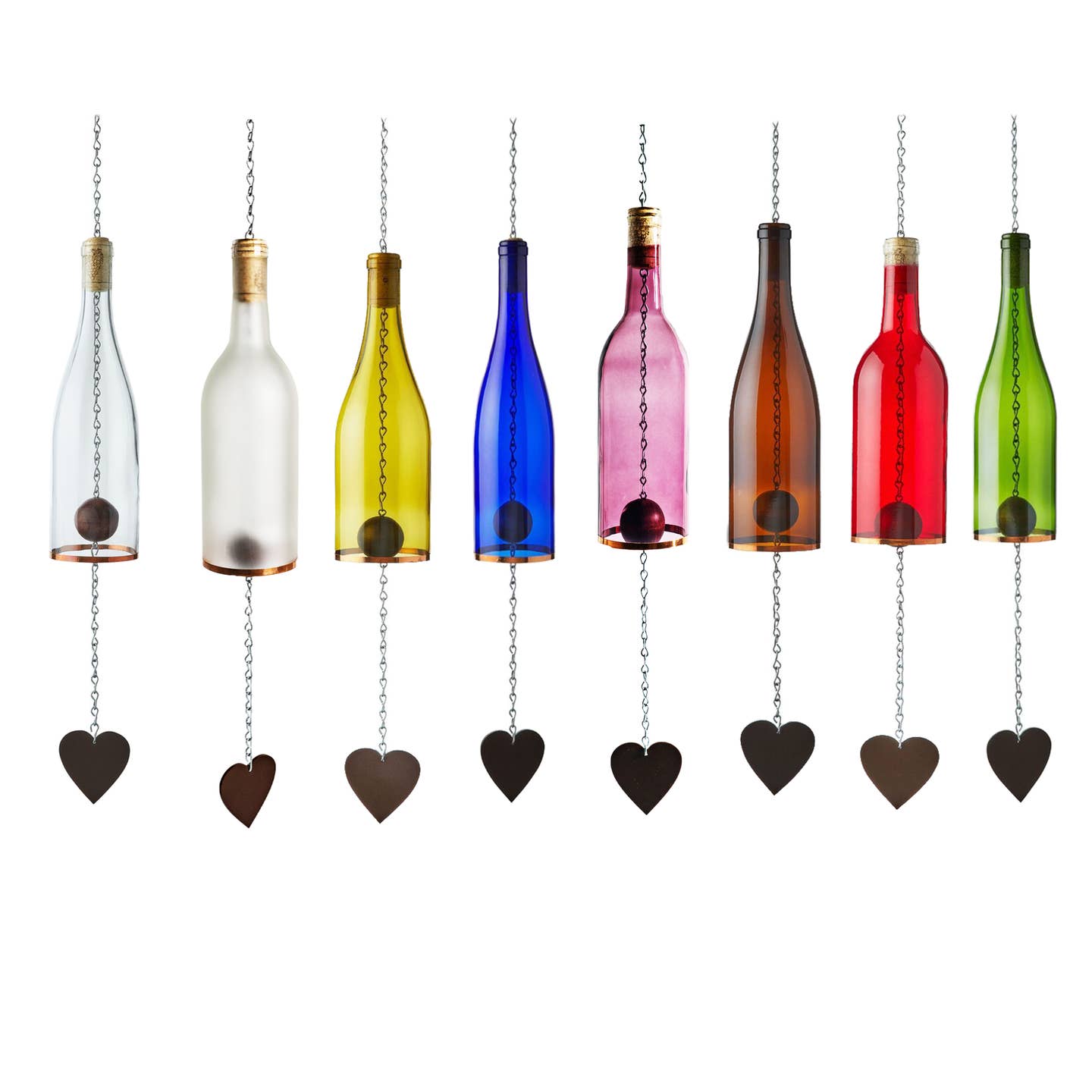 Colorful glass bottle wind chimes with cork stoppers and heart-shaped weights on a white background