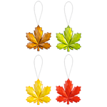 Four colorful leaf-shaped ornaments on a white background