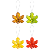 Four colorful leaf-shaped ornaments on a white background