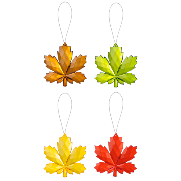 Four colorful leaf-shaped ornaments on a white background
